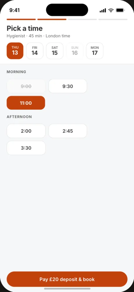 Agilus Diary booking page: choosing a time slot before paying a deposit