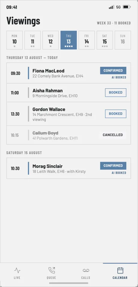 Propilus viewings calendar: the week's viewings with confirmed, booked and AI-booked states