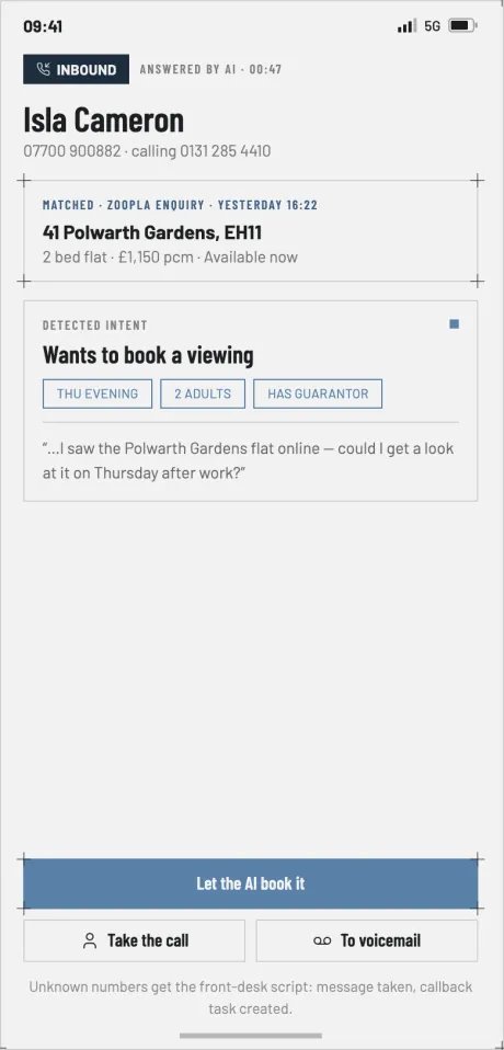 Switchboard inbound call: caller matched to their portal enquiry, intent detected, with let-the-AI-book-it, take the call and voicemail options