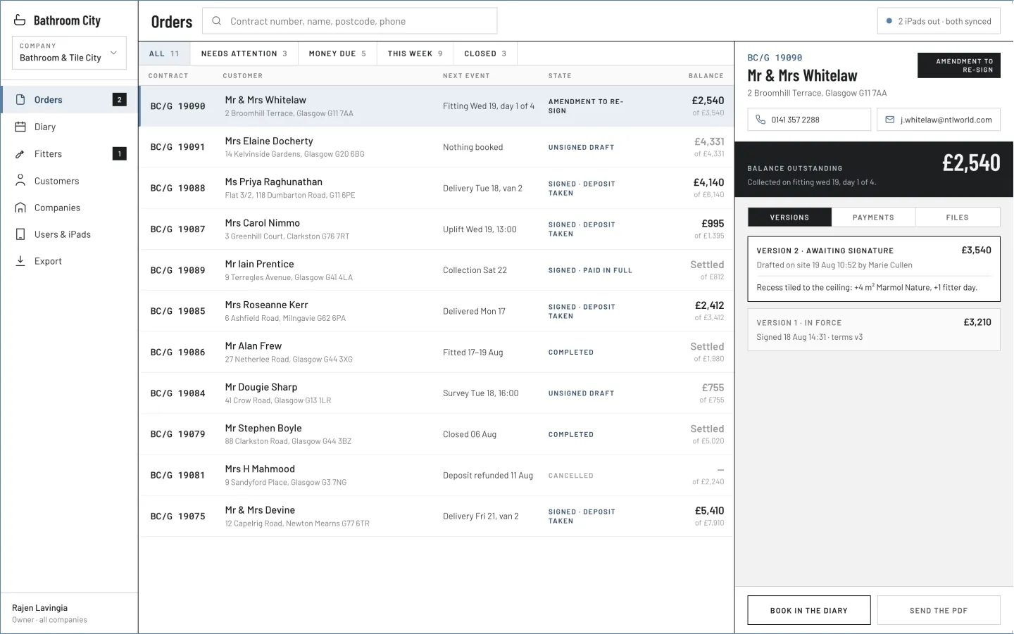 Tradilus office desk browser: the orders list with filters, and the detail pane showing the balance outstanding, versions, payments and files