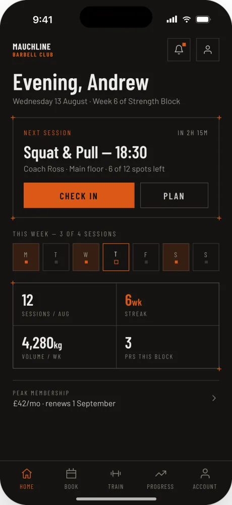 Vitalus home screen at Mauchline Barbell Club: next session, check-in, weekly attendance and training stats