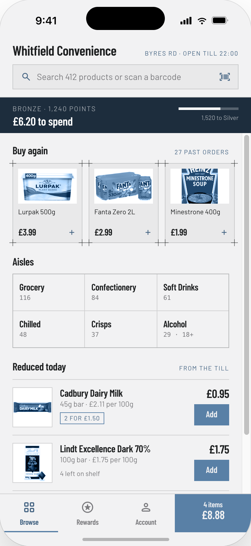 Posilus customer app — shop browse screen with buy-again items, aisles and reduced-today offers from the till