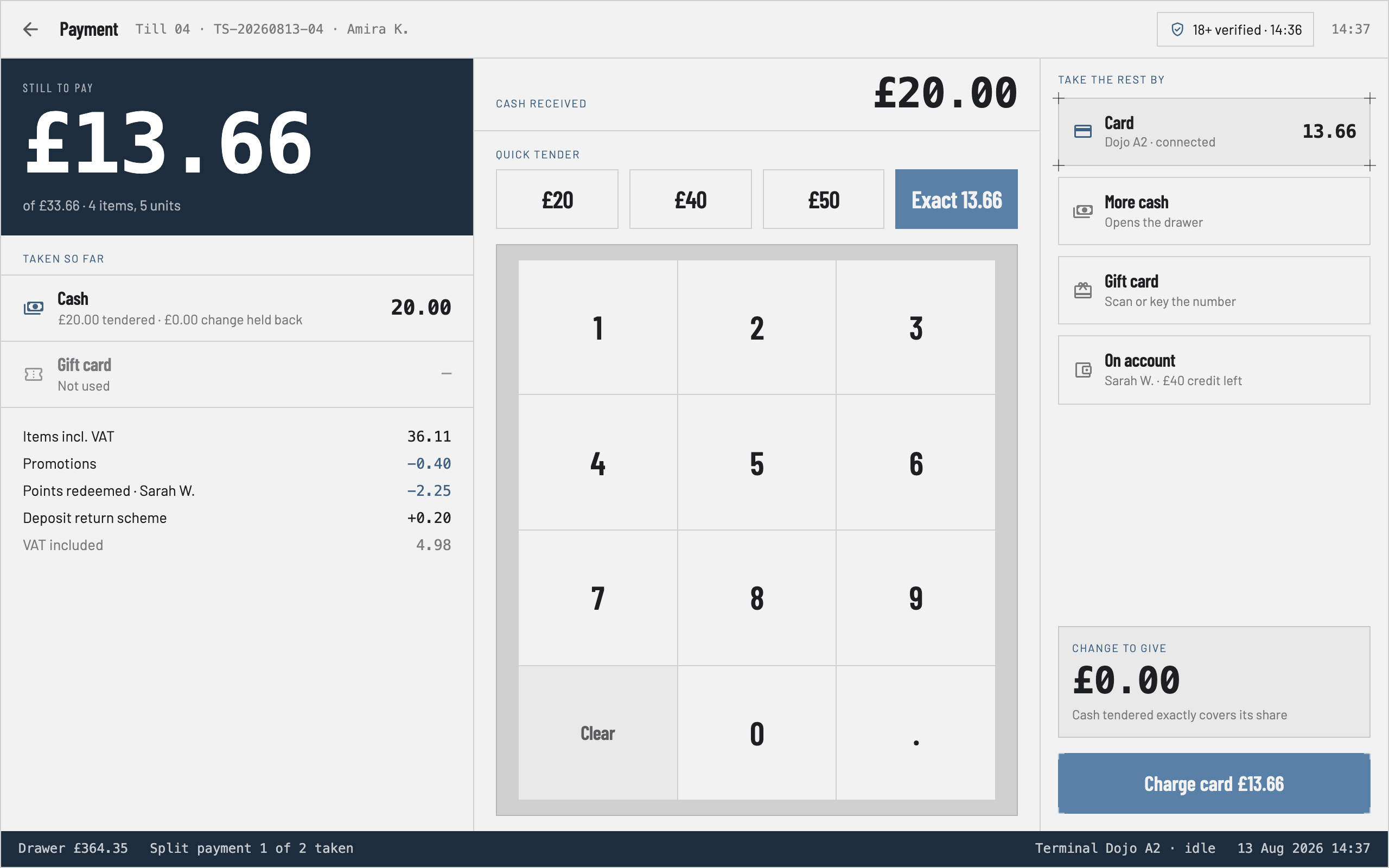 Posilus payment screen — split tender with cash taken and the remainder going to a Dojo card terminal, quick tender buttons and change calculation