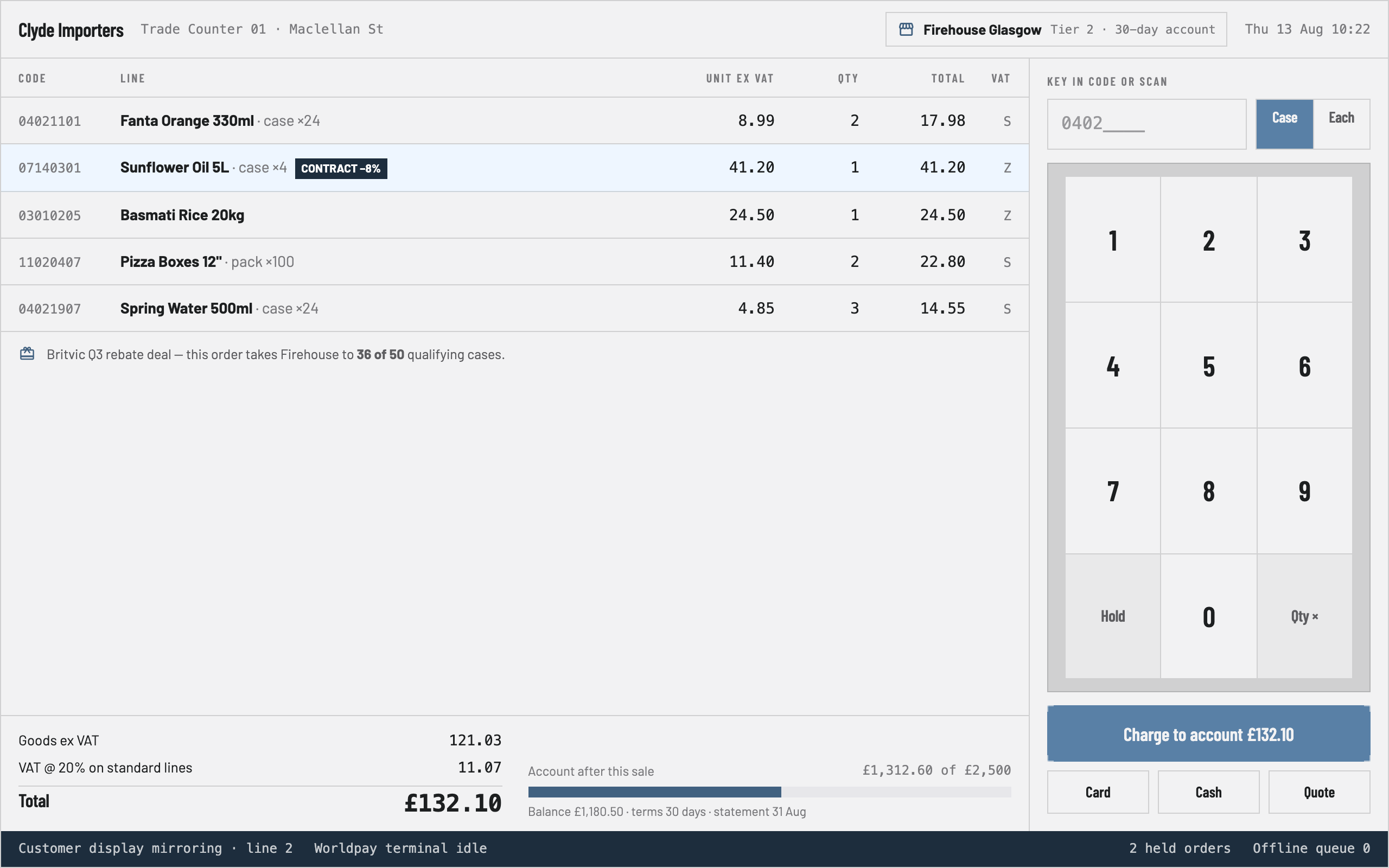 Posilus wholesale trade counter — VAT codes and customer credit limit at the till