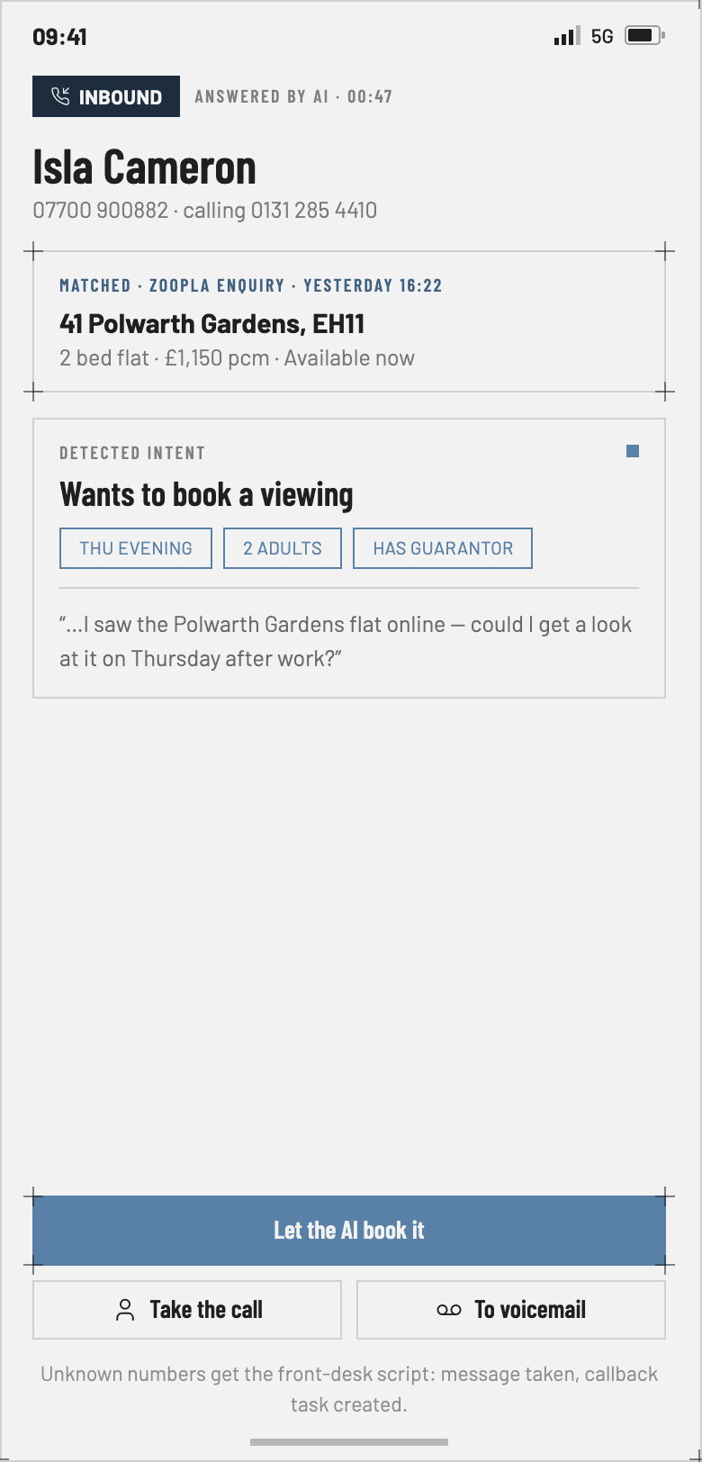 Switchboard inbound call — caller matched to their portal enquiry, intent detected, with let-the-AI-book-it, take the call and voicemail options