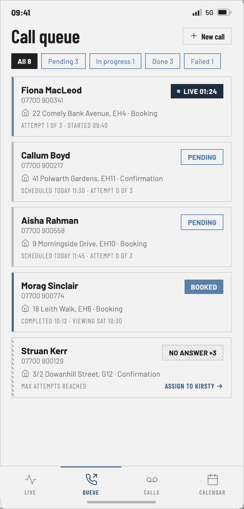Switchboard call queue — pending, live, booked, and no-answer calls with attempts tracked and reassignment to a person