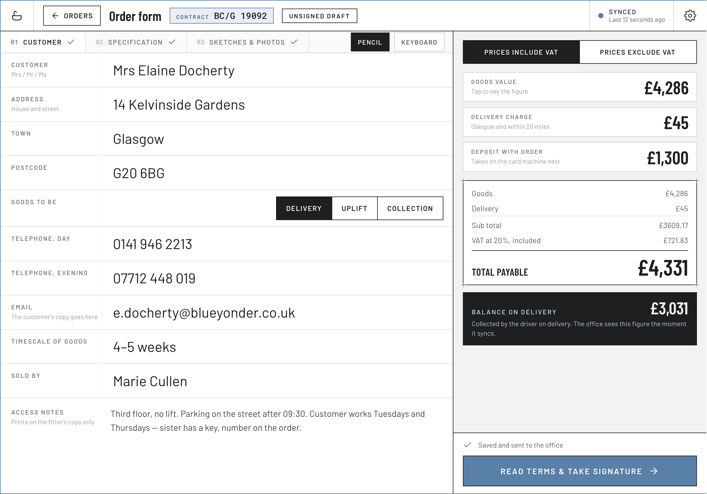 Tradilus field iPad order form — ruled customer ledger, delivery/uplift/collection control, and the fixed money column with goods, delivery, deposit and total payable