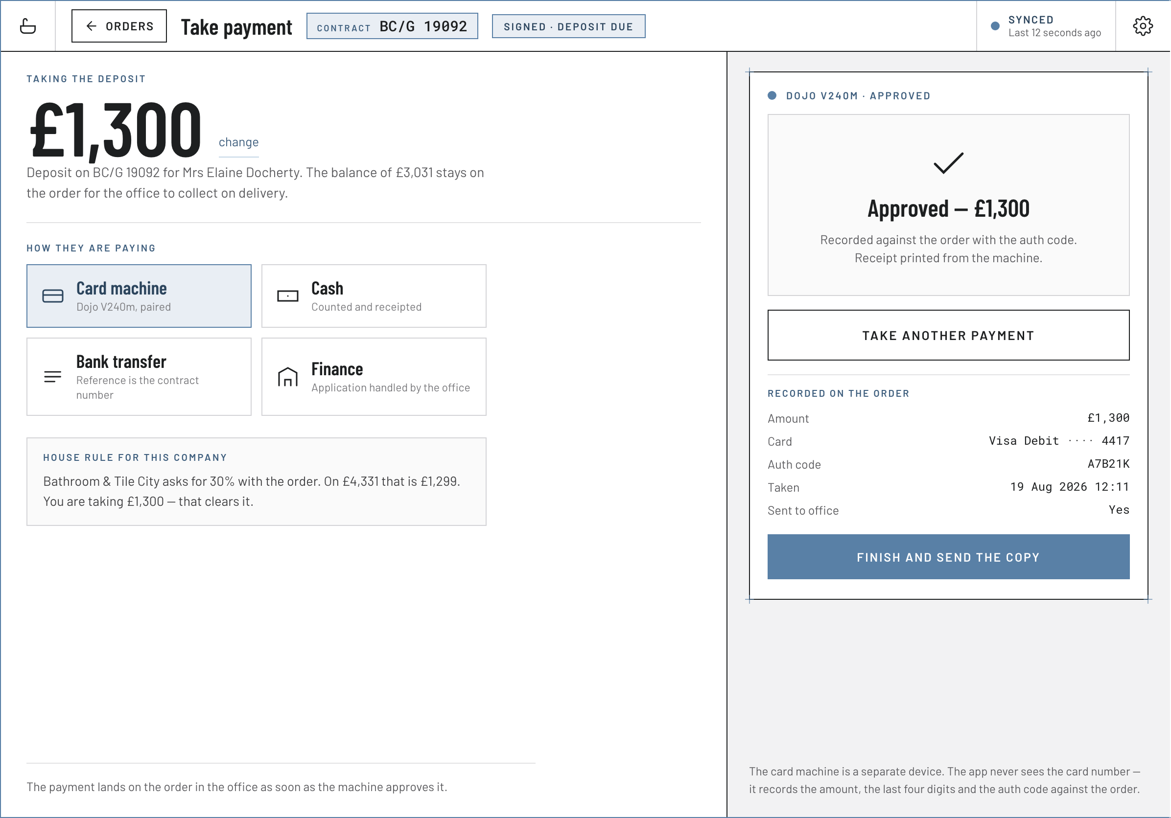 Tradilus card payment screen — deposit amount, payment method cards, the house-rule check, and the Dojo card machine panel showing an approved payment with its receipt record