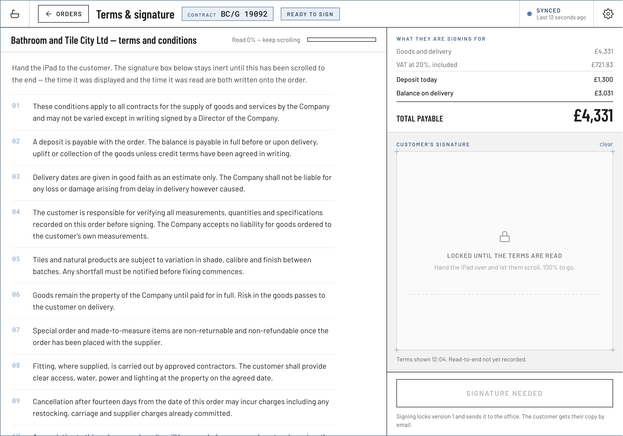 Tradilus terms and signature screen — numbered terms with a read-progress bar, what the customer is signing for, and a signature box locked until the terms are read