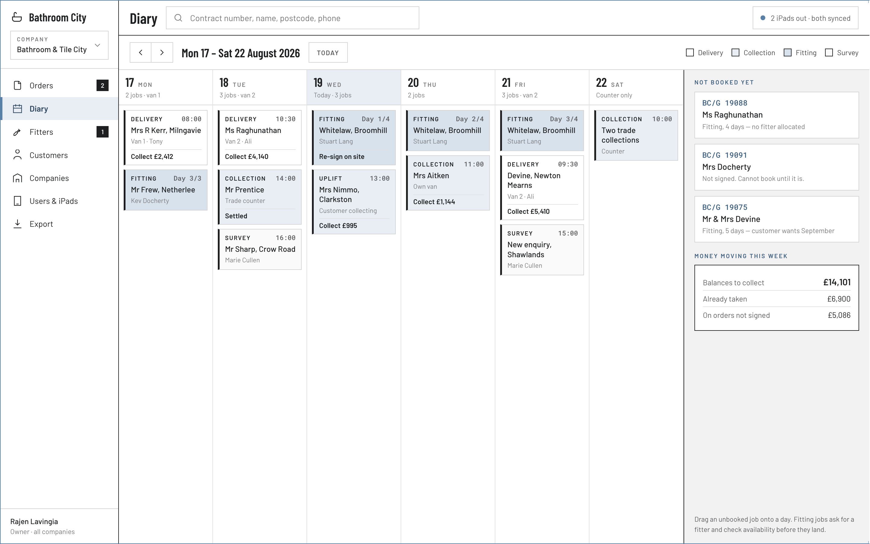 Tradilus office diary — a six-day week of deliveries, collections, fittings and surveys with vans and fitters, unbooked jobs waiting, and the money moving this week