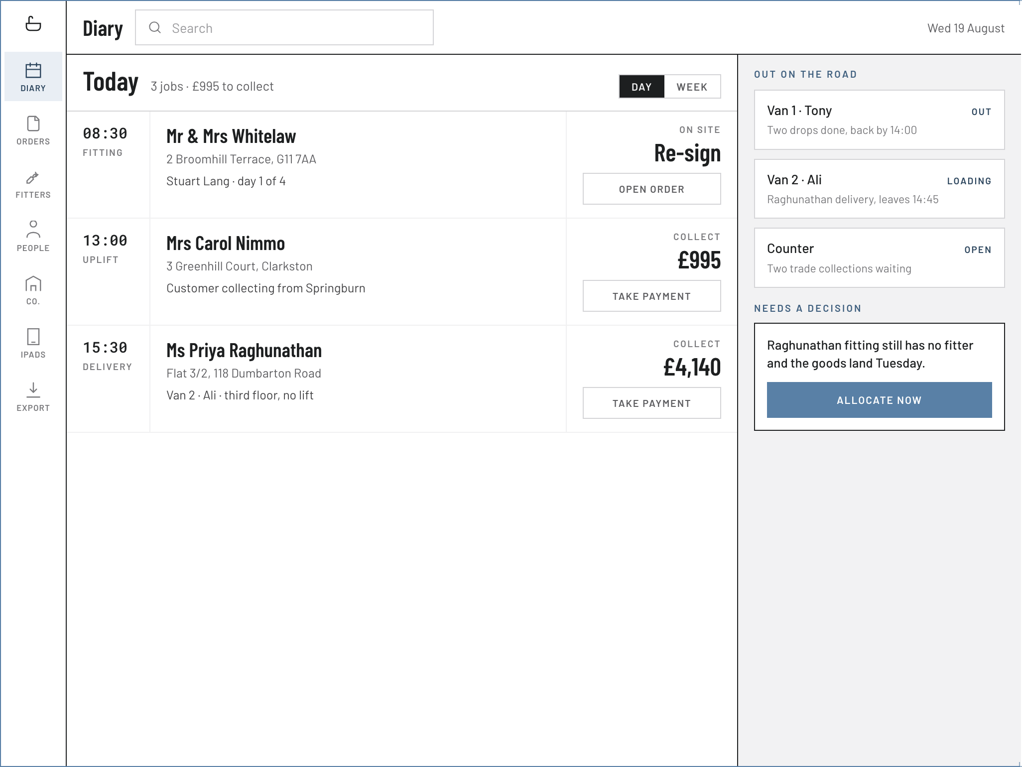 Tradilus office iPad — the day's diary with collections and balances to take, vans out on the road, and one decision needed